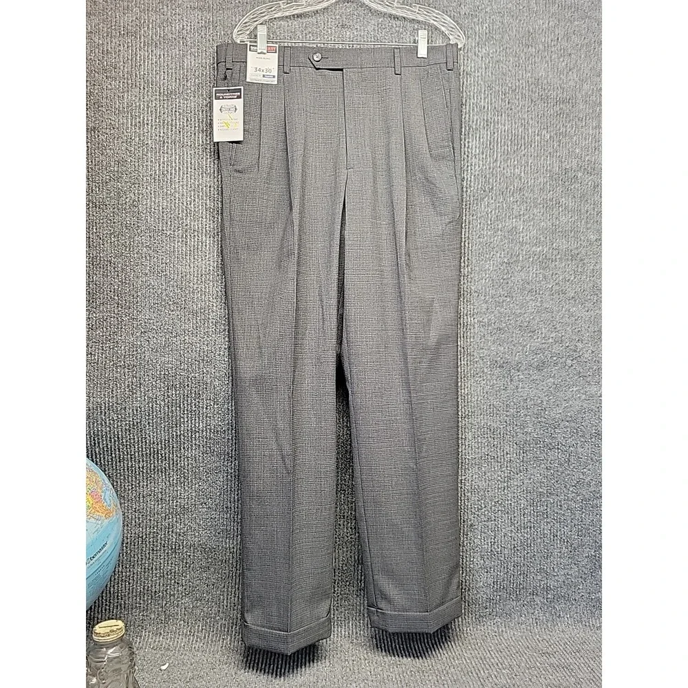 Nwt Mens Roundtree‎ And York Pleated Dress Pants Grey Checkered Pattern